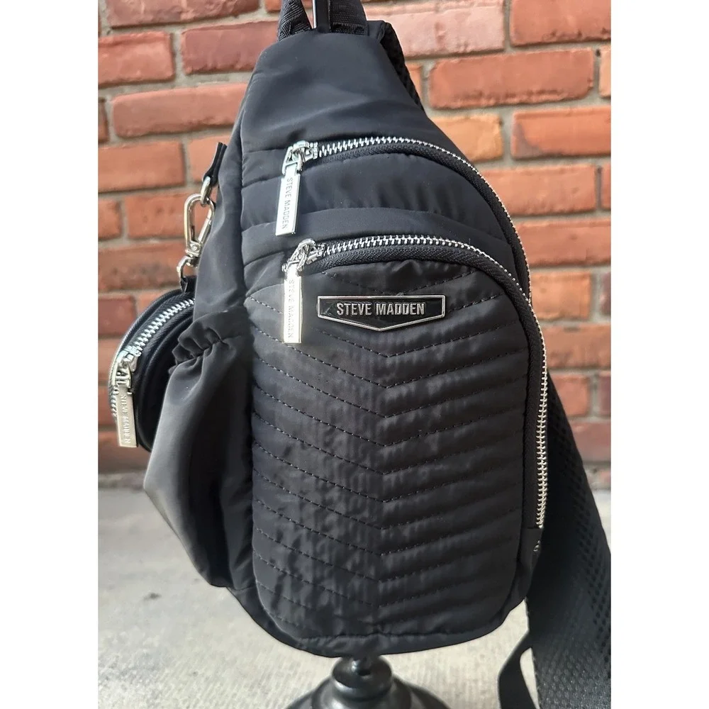 Steve Madden Aurora Quilted Sling Backpack w/ Coin Purse Black - Picture 10 of 13